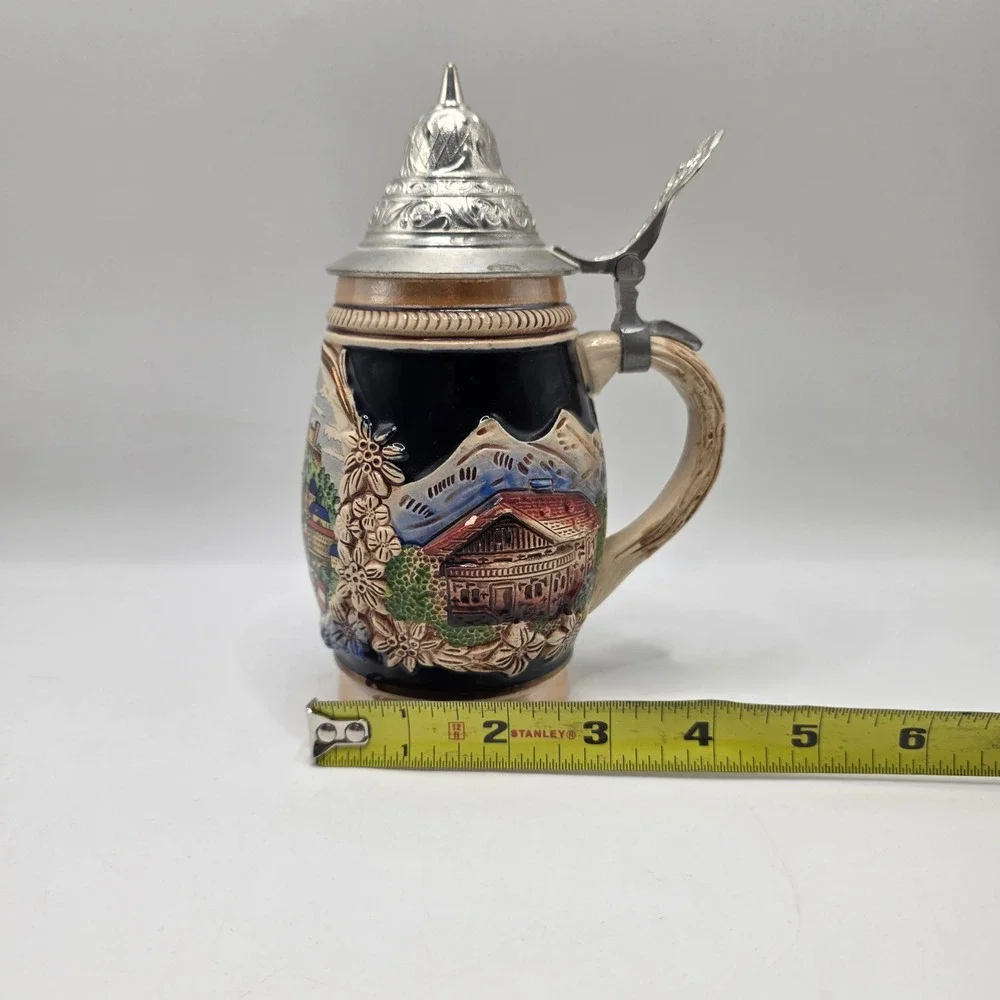 Salzburg Austria Beer Stein Lidded Pewter Cobalt Blue Relief Edelweiss Alps Mug